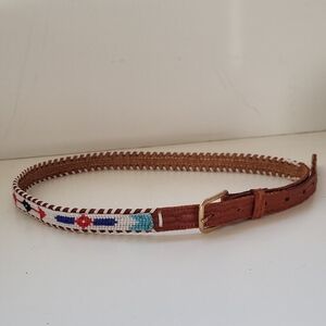 Vintage Artisan Brown Leather Belt with Native American Beadwork